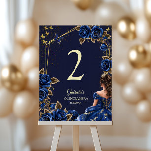 Tarjeta De Mesa Rosas Tiara Dorada Azul Marino Quinceañera