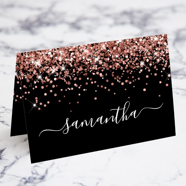 Tarjeta De Mesa Rose Gold Glitter Signature Name Black Place Cards (Rose Gold Glitter Girly Signature Swash Name Black Place Cards)