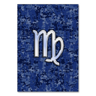 Tarjeta De Mesa Rótulo Virgo Zodiac en camo digital azul marino