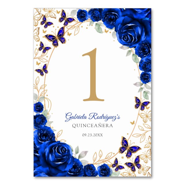 Tarjeta De Mesa Royal Blue Gold Floral Quinceanera (Anverso)