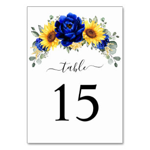 Tarjeta De Mesa Royal Blue Rustic Sunflower Moderno Boda Floral