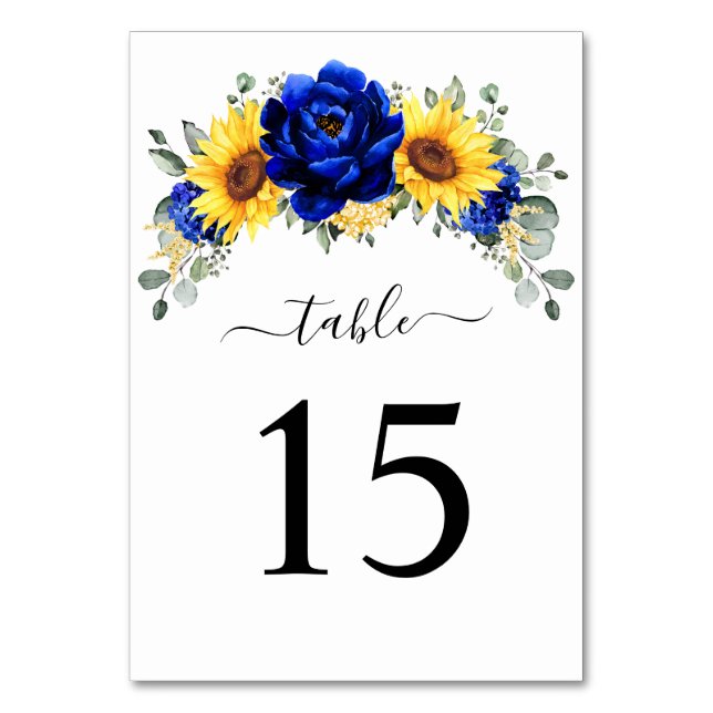Tarjeta De Mesa Royal Blue Rustic Sunflower Moderno Boda Floral (Anverso)