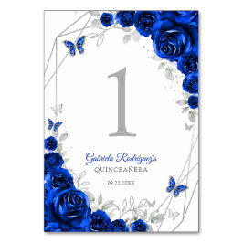 Tarjeta De Mesa Royal Blue Silver Floral Quinceanera