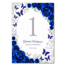 Tarjeta De Mesa Royal Blue Silver Floral Quinceanera