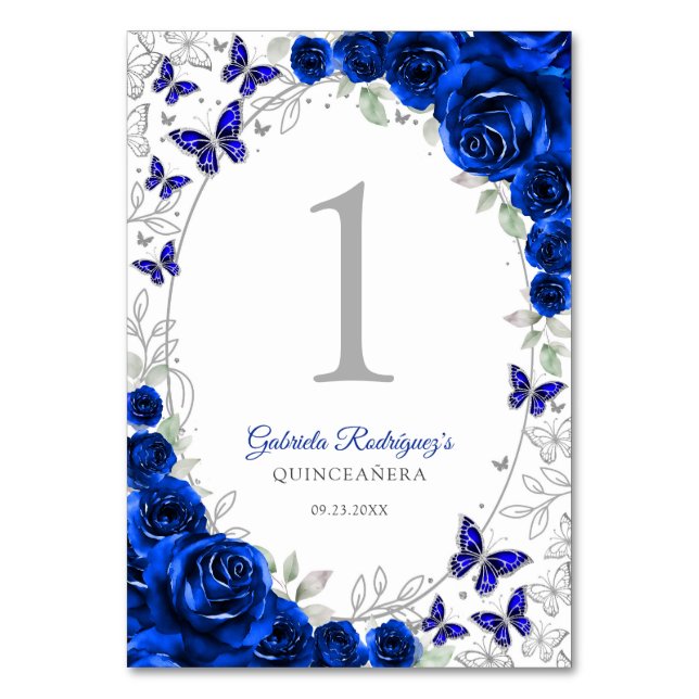 Tarjeta De Mesa Royal Blue Silver Floral Quinceanera (Anverso)