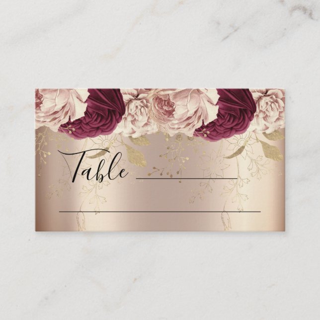 Tarjeta De Mesa RSVP Boda Drips Floral Rosa Marsala (Anverso)
