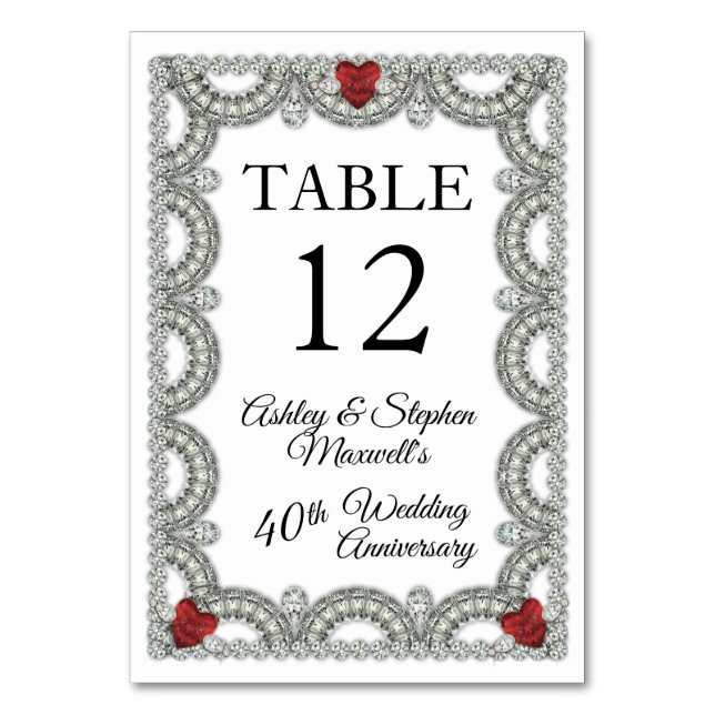 Tarjeta De Mesa Rubí | Aniversario de bodas de diamante 40º Fiesta (Anverso)
