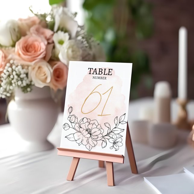 Tarjeta De Mesa Rubor acuarela y Black Floral Elegant Wedding (Blush Watercolor & Black Floral Elegant Wedding Table Number)