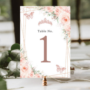 Tarjeta De Mesa Rubor Floral Rosa Gold Birthday Quinceanera