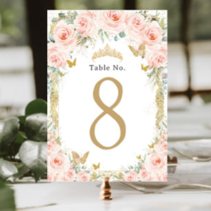 Tarjeta De Mesa Rubor Floral Vintage Gold Birday Quinceanera