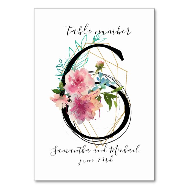 Tarjeta De Mesa Rubor Pink Floral Peony Gold Table Número 6 Rótulo (Anverso)