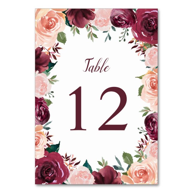 Tarjeta De Mesa Rubor Rosa Borgoña Floral Bordado de Boda (Anverso)