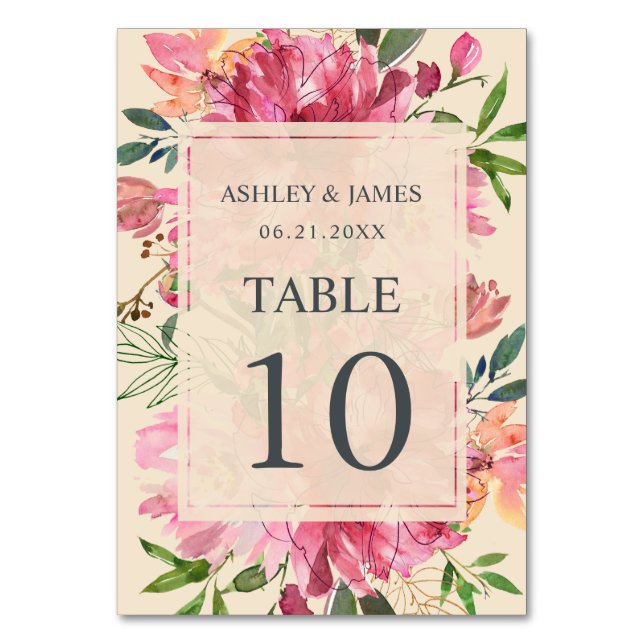 Tarjeta De Mesa Ruby Pink Peony Floral Botánica Marfil Boda (Anverso)