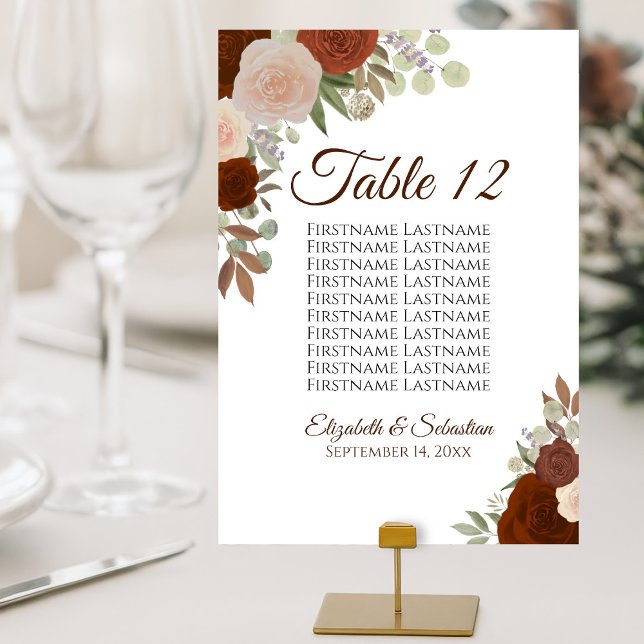 Tarjeta De Mesa Rust Naranjas Rosas Elegant Wedding Chart (These are small cards designed for table display)