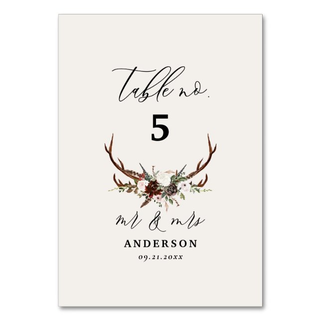Tarjeta De Mesa Rustic Antler Wedding Woodland Deer Table Number (Anverso)