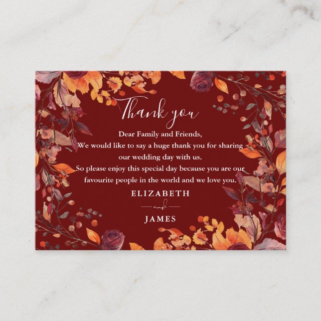 Tarjeta De Mesa Rustic Autumn Fall Floral Wedding Thank You (Anverso)