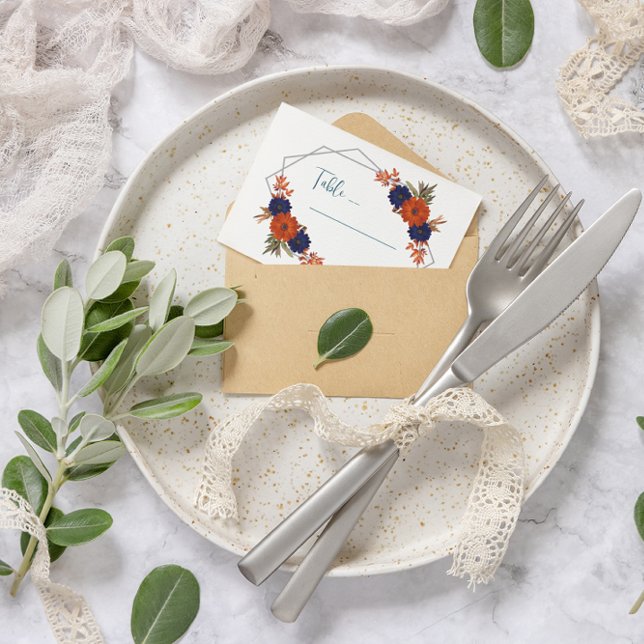 Tarjeta De Mesa Rustic Autumn Orange Navy Blue Floral Wedding (Subido por el creador)