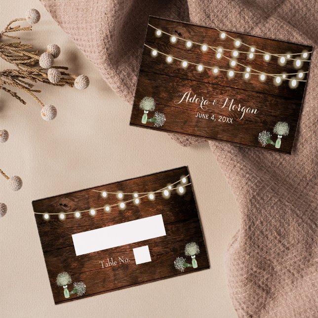Tarjeta De Mesa Rustic Barn Wood Mason Jar String Lights Wedding  (Subido por el creador)