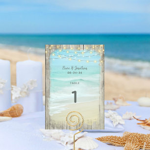 Tarjeta De Mesa Rustic Beach String Luces Número de tabla Boda