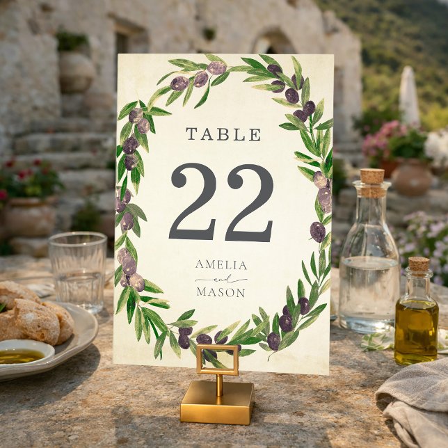 Tarjeta De Mesa Rustic Botanical Olive Wreath Table Number Card (Rustic Botanical Olive Branch Wreath Table Number Card)