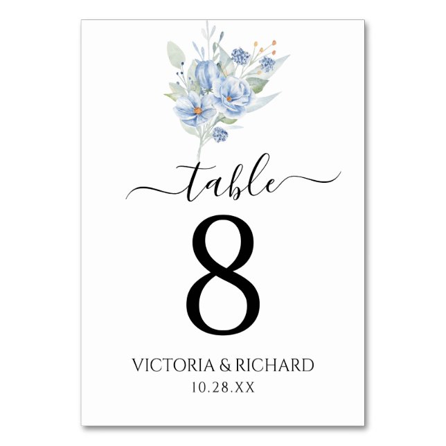 Tarjeta De Mesa rustic dusty blue watercolor flowers & leaves (Anverso)