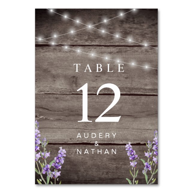 Tarjeta De Mesa Rustic Lavender Lights Wedding  (Anverso)