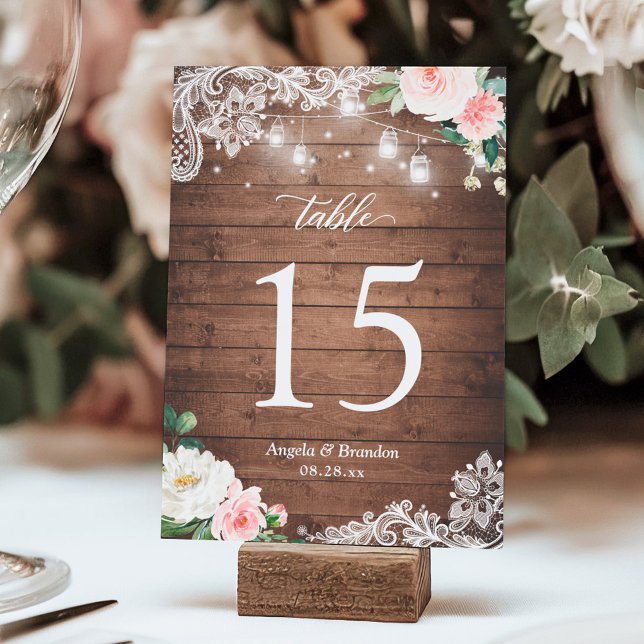 Tarjeta De Mesa Rustic Mason Jar Lights Lace Floral Boda (Subido por el creador)