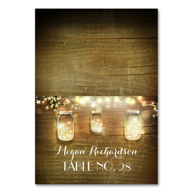 Tarjeta De Mesa Rustic Mason Jars String Luces Escort Boda (Anverso)