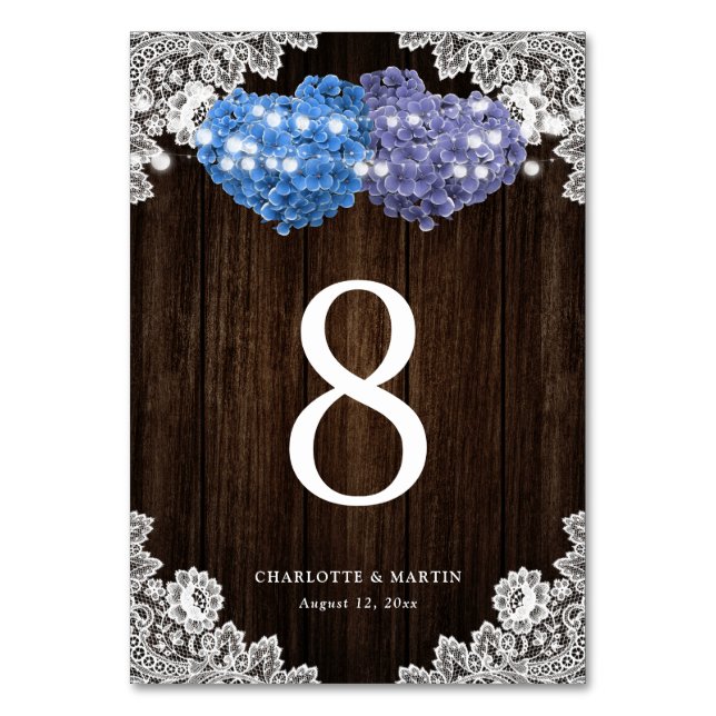 Tarjeta De Mesa Rustic Purple and Blue Wood Lace Floral (Anverso)