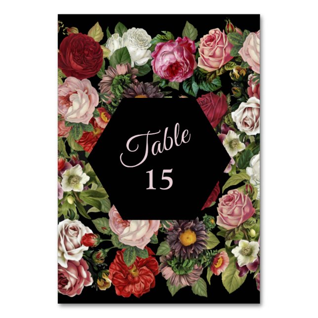 Tarjeta De Mesa Rustic Red Pink Floral Greenery Black Party (Anverso)