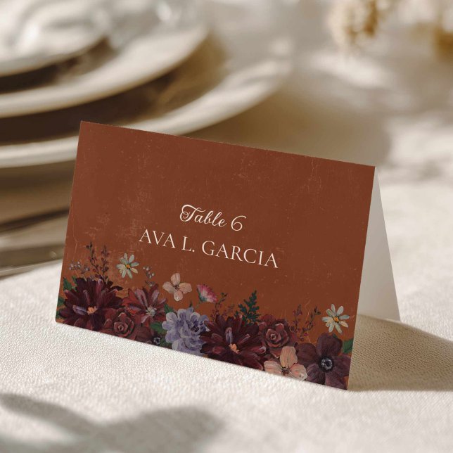 Tarjeta De Mesa Rustic Terracotta Floral Place Cards (Moody Rustic Terracotta Floral Place Card)