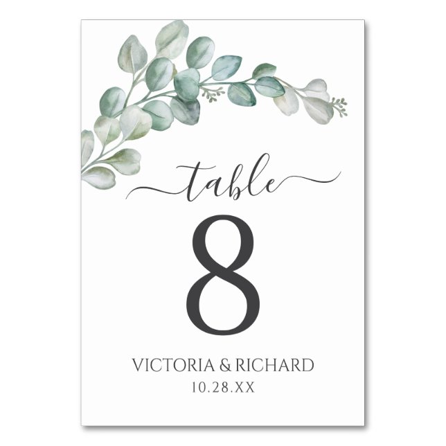 Tarjeta De Mesa Rustic Watercolor Eucalyptus Greenery Wedding (Anverso)