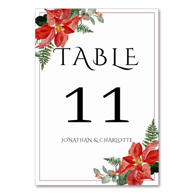 Tarjeta De Mesa Rustic Winter Poinsettia Red Christmas Wedding (Reverso)
