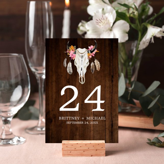 Tarjeta de mesa Rustic Wood Antler (Rustic wood watercolor skull design on this table number card is perfect for your wedding reception.)