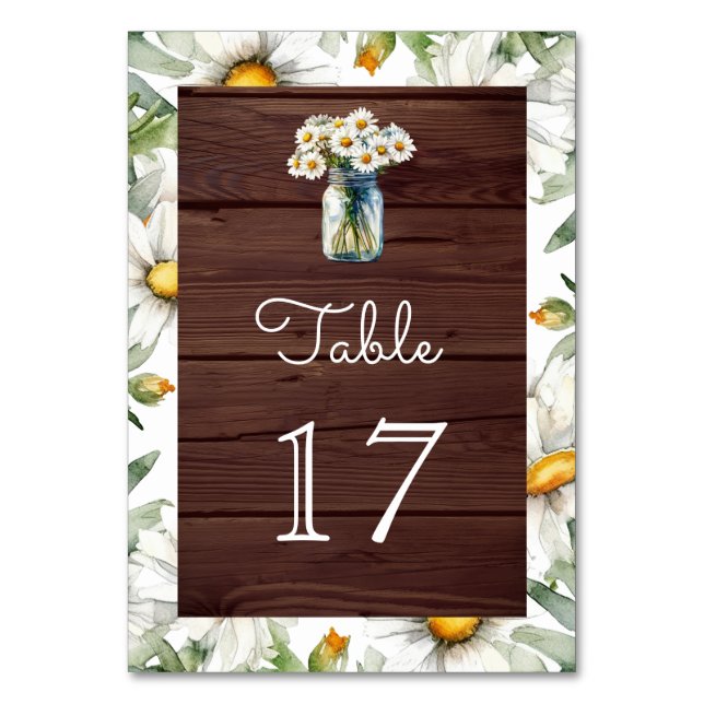 Tarjeta De Mesa Rustic Wood Daisies Floral Mason Jar Wedding (Anverso)