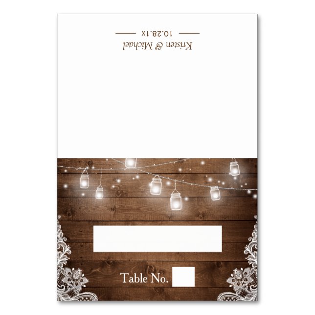 Tarjeta De Mesa Rustic Wood Mason Jar String Luces Boda Lugar (Anverso)