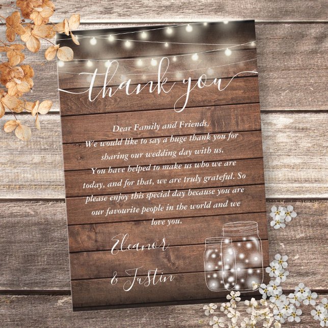 Tarjeta De Mesa Rustic Wood String Lights Boda Gracias (Rustic Wood String Lights Wedding Thank You Place Card)