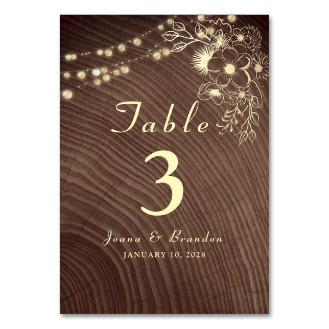 Tarjeta De Mesa Rustic Wood String Lights Lace Boda (Anverso)