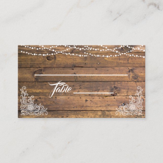 Tarjeta De Mesa Rustic Wood Twinkle Lights Lace Boda Place Card (Anverso)