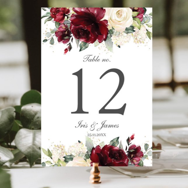Tarjeta De Mesa Rústica Boda de marfil de Borgoña ducha de novia (elegant rustic burgundy ivory white floral wedding bridal shower table number cards signs)