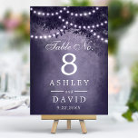 Tarjeta De Mesa Rústica Cadena De Árbol De Bosques De Luces Púrpur<br><div class="desc">Ilumine su rústica recepción de bodas con estos encantadores números de mesa. Con una majestuosa silueta de árboles de bosque adornada con brillantes luces de cuerdas sobre un romántico fondo morado, estos números de mesa le añaden un toque mágico a su día especial. Perfecto para celebraciones al aire libre o...</div>