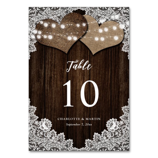Tarjeta De Mesa Rústica Madera Burlap Floral Lace Country Wedding (Anverso)