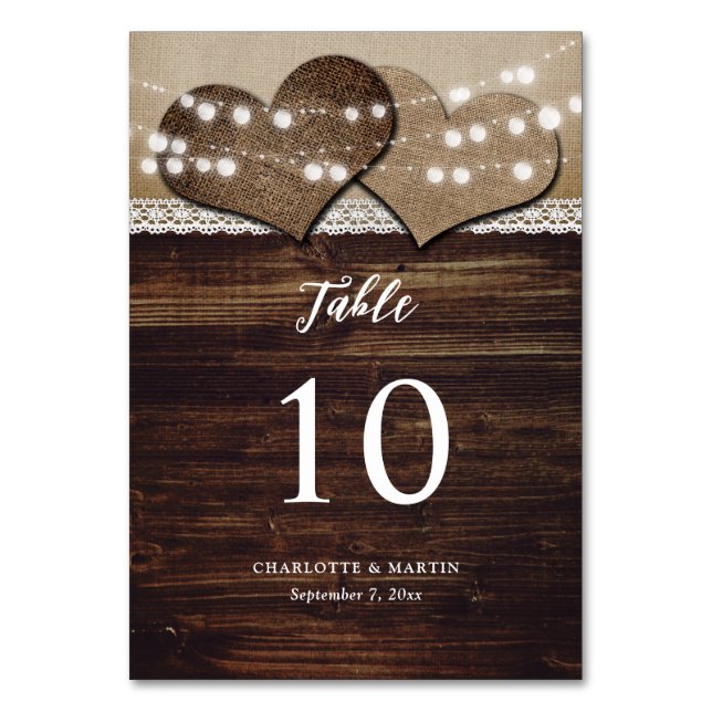 Tarjeta De Mesa Rústica Madera Burlap Lace String enciende Barn Bo (Anverso)