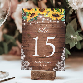 Tarjeta De Mesa Rústica Madera Sunflowers String Lights Lace Boda