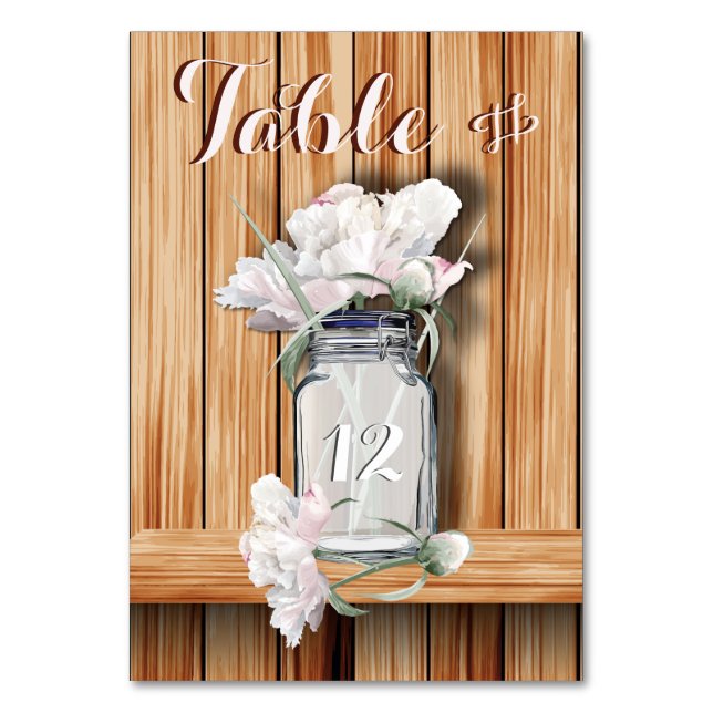 Tarjeta de mesa rustica Mason Jar y Pink Peonies (Reverso)