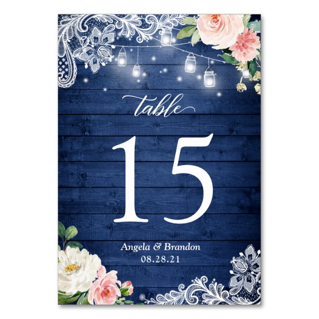 Tarjeta De Mesa Rústico Blue Mason Jar Luces Lace Floral Boda (Reverso)