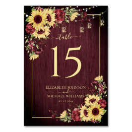 Tarjeta De Mesa Rústico Boda floral de girasol borgoña de madera