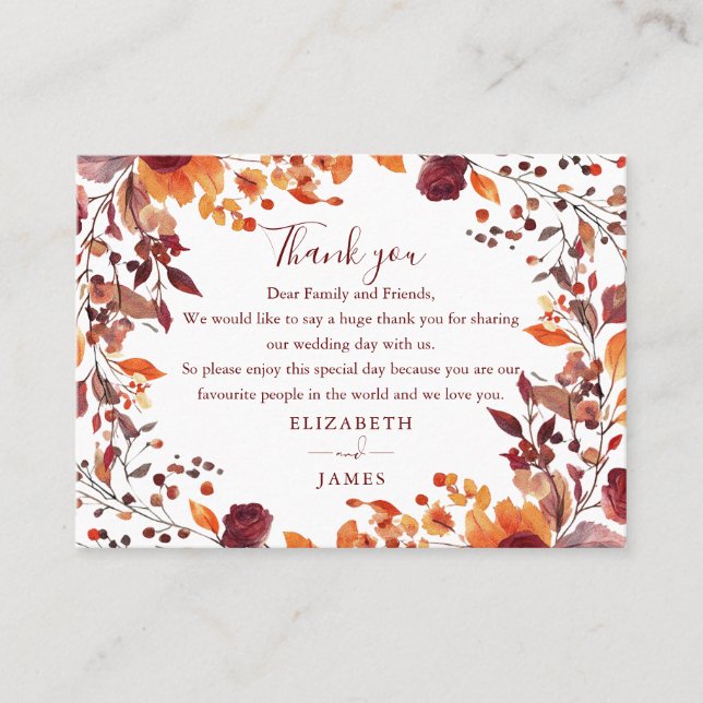 Tarjeta De Mesa Rústico Boda floral otoño otoño gracias (Anverso)