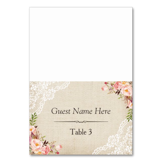 Tarjeta De Mesa Rústico Burlap Lace Floral Boda Lugar (Anverso)