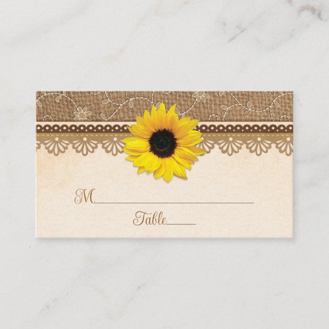 Tarjeta De Mesa Rústico Burlap Lace Wood Sunflower Boda (Anverso)